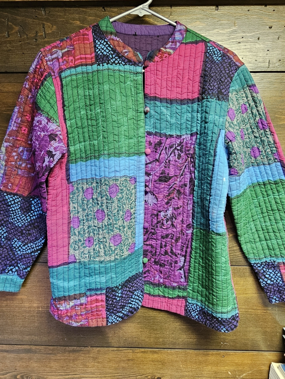 Colorblock Patchwork Quilted Jacket Floral Green Pink Long Sleeve Size Large